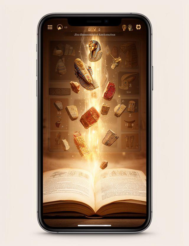 Pantalla del juego con piezas egipcias fusionándose junto a un libro de misterio abierto en una interfaz móvil