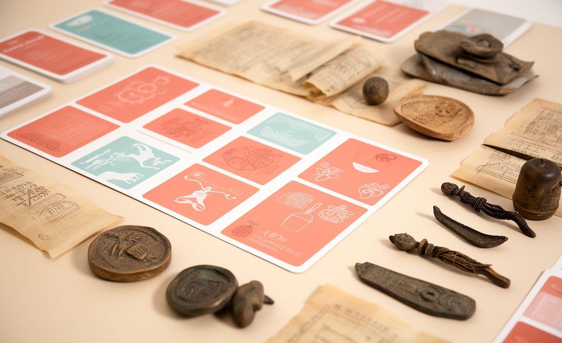 Educational cards and historical artefacts arranged like a classroom resource pack on a table