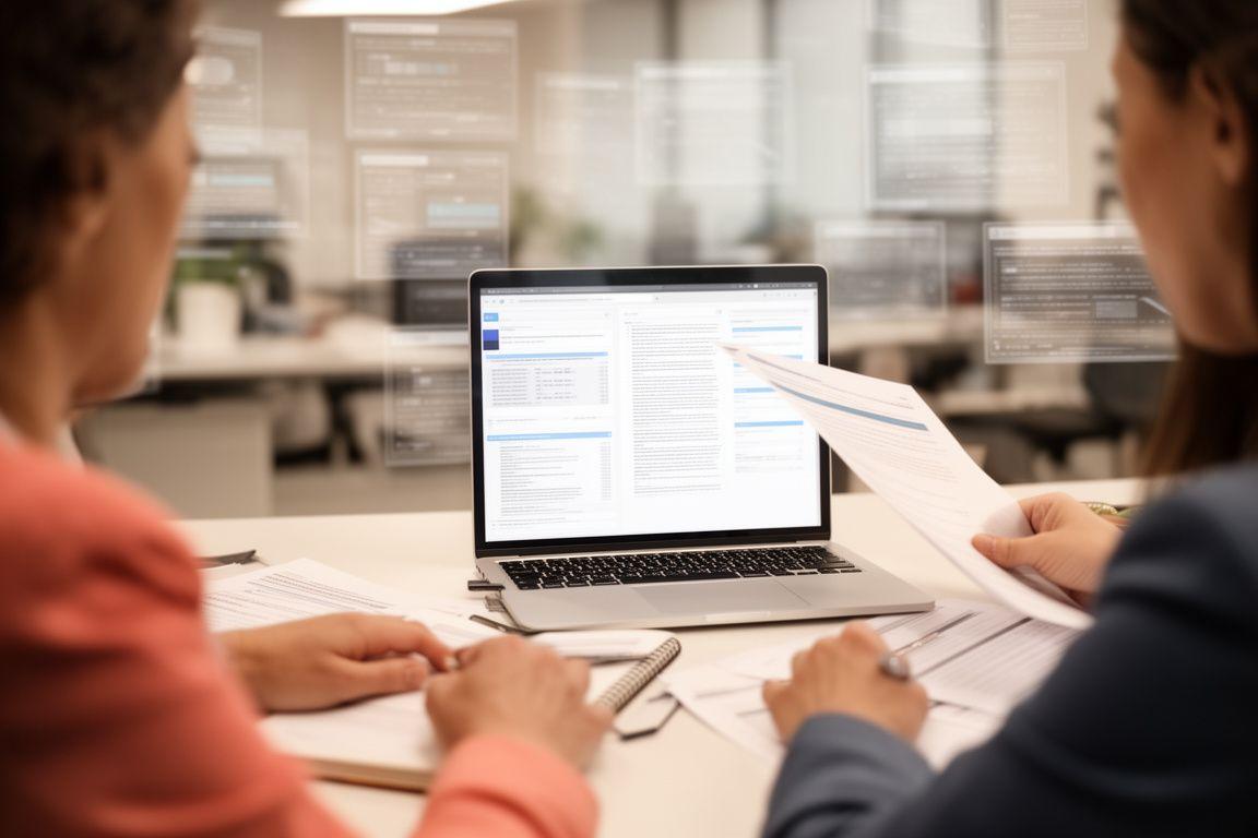 Equipo revisando documentación legal y pantallas de datos en una sala moderna con luz suave