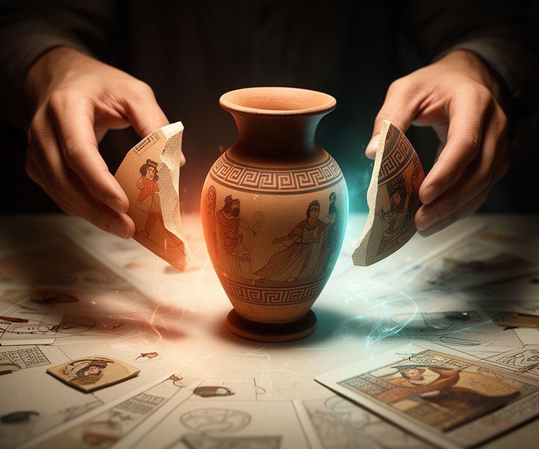 Hands merging three Greek vase fragments into a complete ancient vessel on a game board